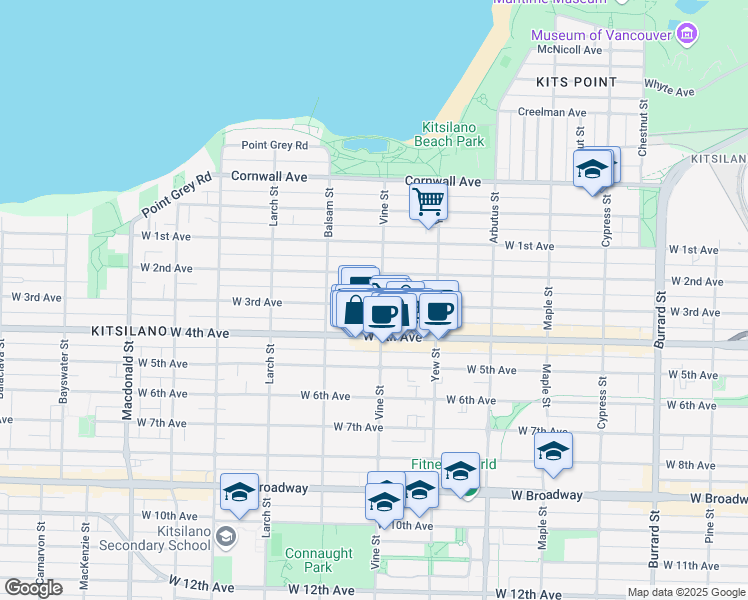 map of restaurants, bars, coffee shops, grocery stores, and more near 2303 West 3rd Avenue in Vancouver