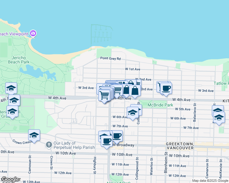 map of restaurants, bars, coffee shops, grocery stores, and more near 3668 West 3rd Avenue in Vancouver