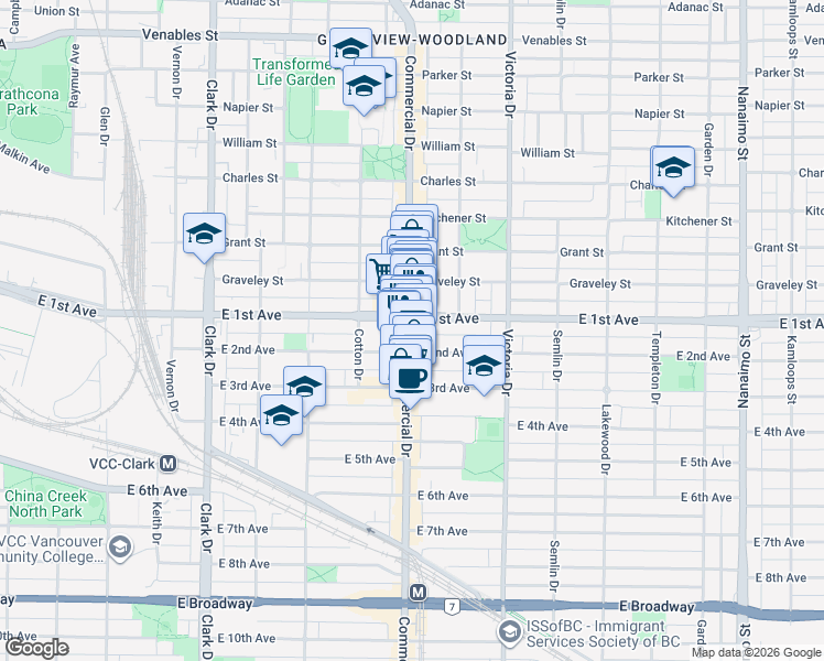 map of restaurants, bars, coffee shops, grocery stores, and more near 1718 Commercial Drive in Vancouver