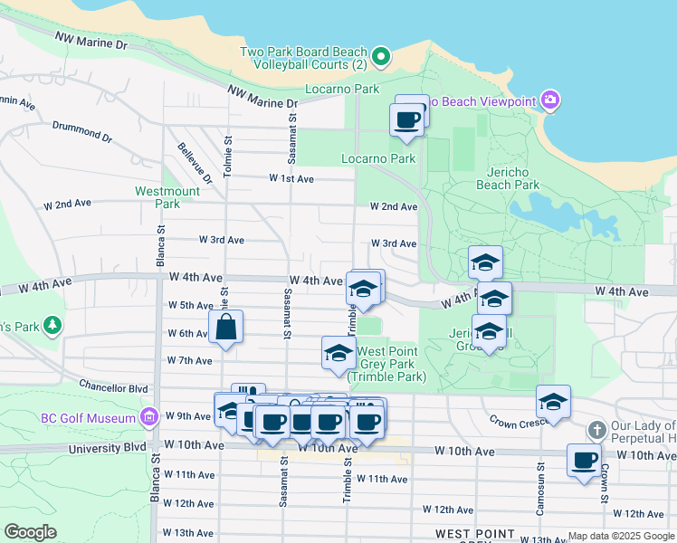 map of restaurants, bars, coffee shops, grocery stores, and more near 4415 West 4th Avenue in Vancouver