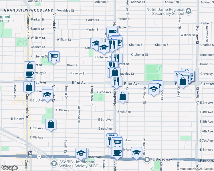 map of restaurants, bars, coffee shops, grocery stores, and more near 2314 East 1st Avenue in Vancouver