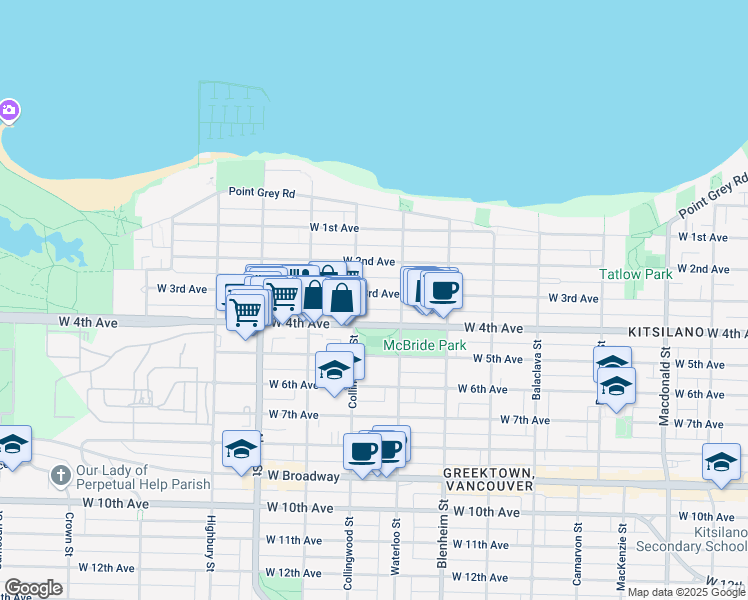 map of restaurants, bars, coffee shops, grocery stores, and more near 3454 West 3rd Avenue in Vancouver