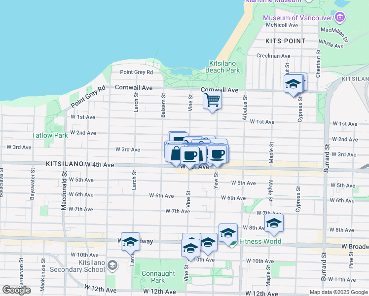 map of restaurants, bars, coffee shops, grocery stores, and more near 2305 West 3rd Avenue in Vancouver