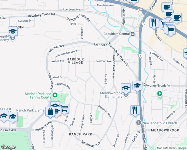 map of restaurants, bars, coffee shops, grocery stores, and more near 830 Ranch Park Way in Coquitlam