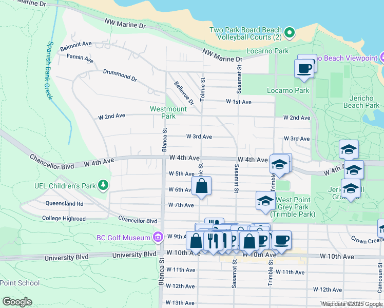 map of restaurants, bars, coffee shops, grocery stores, and more near 4623 West 4th Avenue in Vancouver