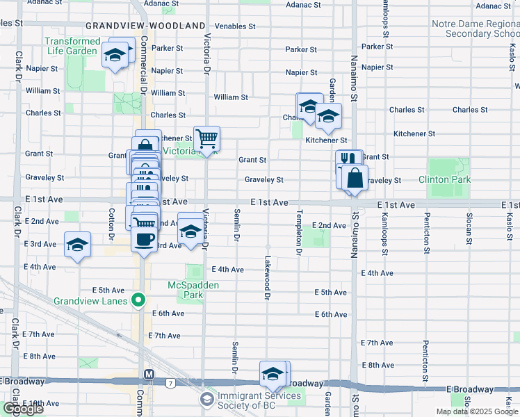 map of restaurants, bars, coffee shops, grocery stores, and more near in Vancouver