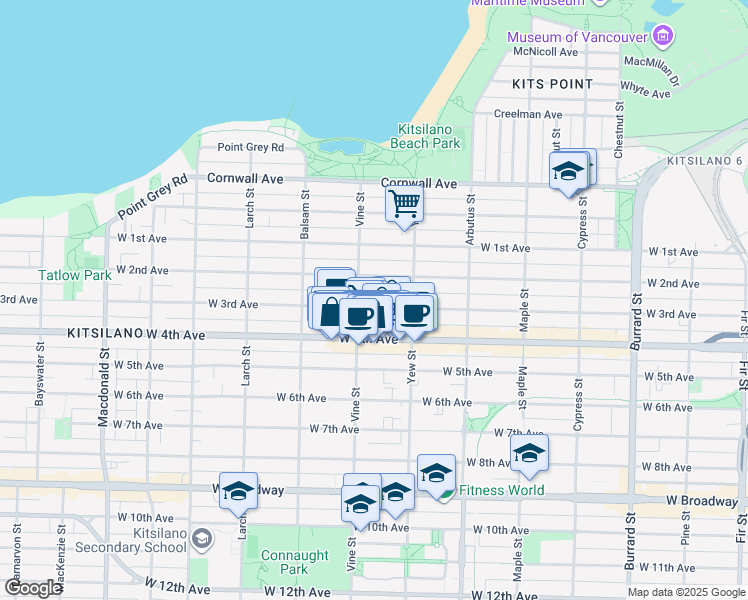 map of restaurants, bars, coffee shops, grocery stores, and more near in Vancouver