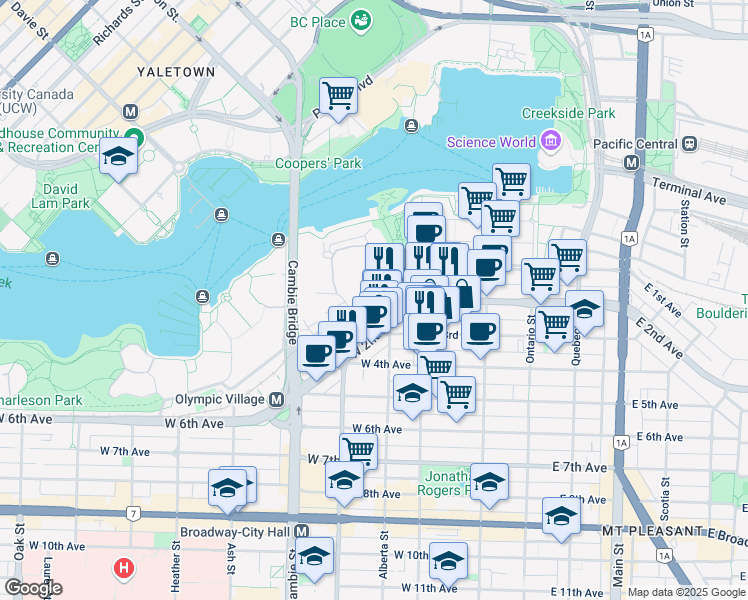 map of restaurants, bars, coffee shops, grocery stores, and more near 250 West 1st Avenue in Vancouver