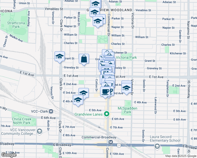 map of restaurants, bars, coffee shops, grocery stores, and more near 1718 Cotton Drive in Vancouver