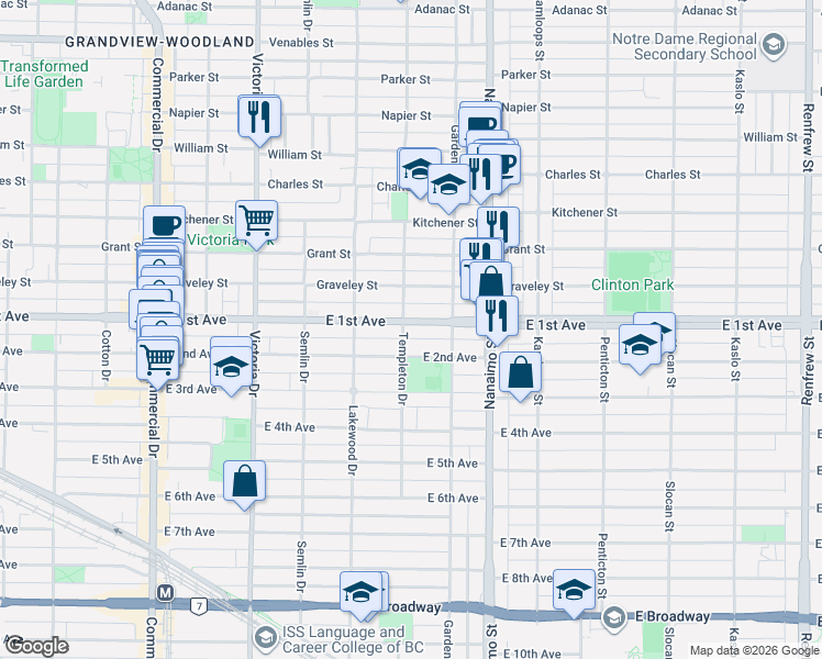 map of restaurants, bars, coffee shops, grocery stores, and more near 2210 East 1st Avenue in Vancouver