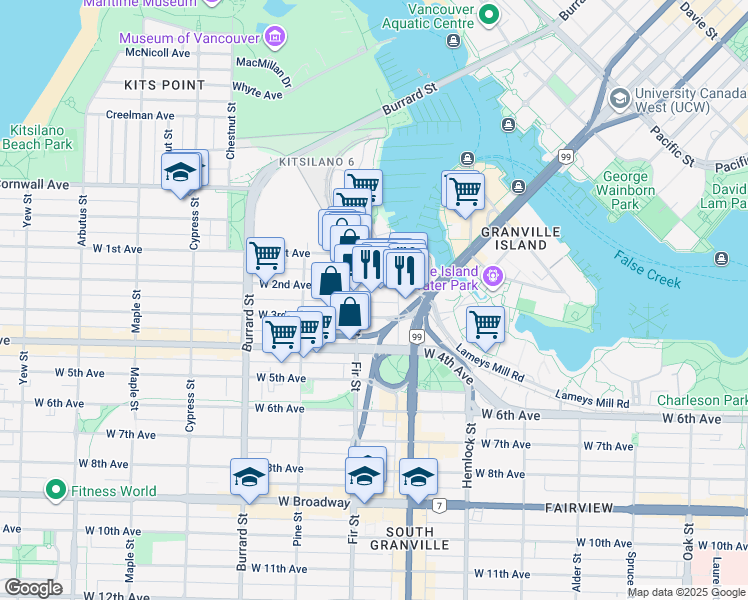 map of restaurants, bars, coffee shops, grocery stores, and more near in Vancouver