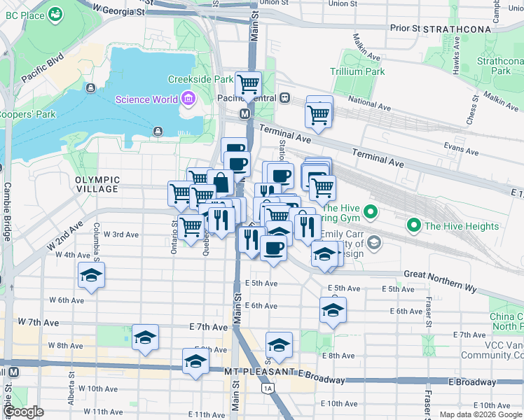 map of restaurants, bars, coffee shops, grocery stores, and more near in Vancouver