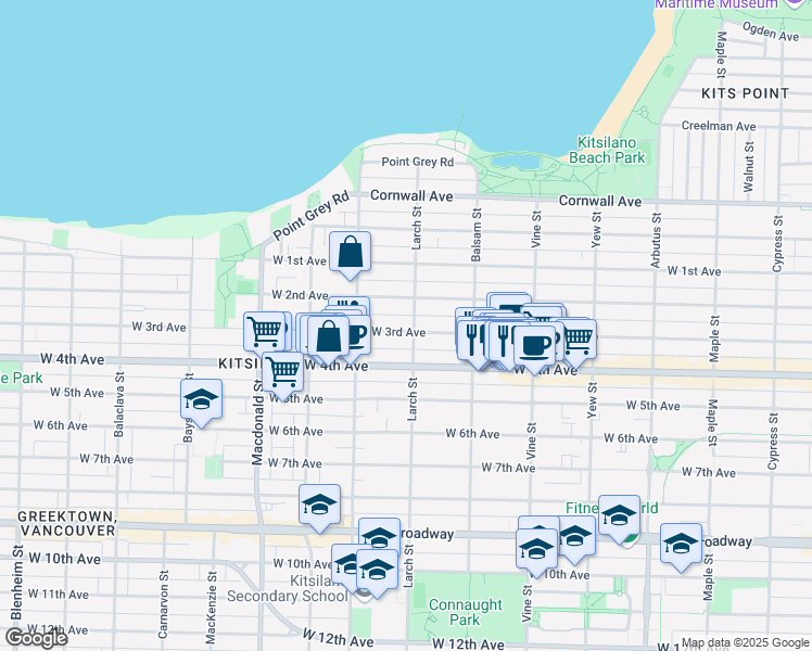 map of restaurants, bars, coffee shops, grocery stores, and more near 1847 Larch Street in Vancouver