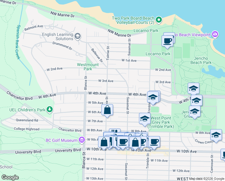 map of restaurants, bars, coffee shops, grocery stores, and more near 4573 West 4th Avenue in Vancouver