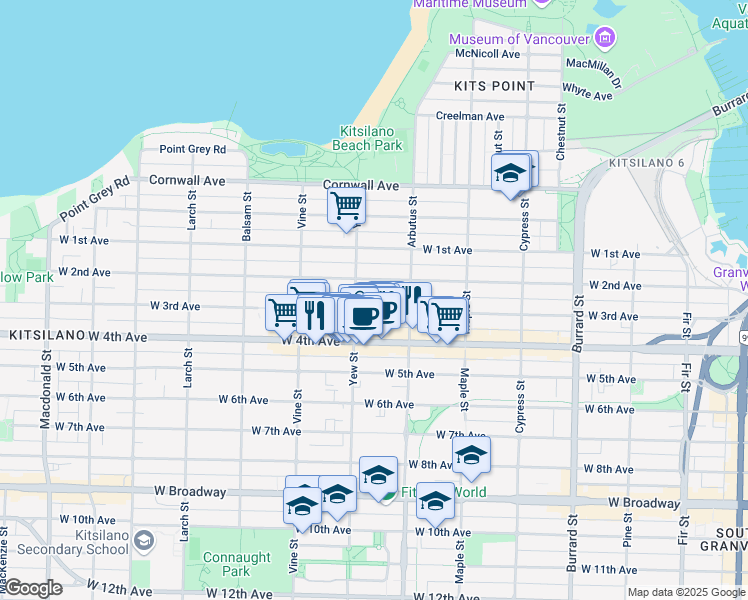 map of restaurants, bars, coffee shops, grocery stores, and more near 2175 West 3rd Avenue in Vancouver