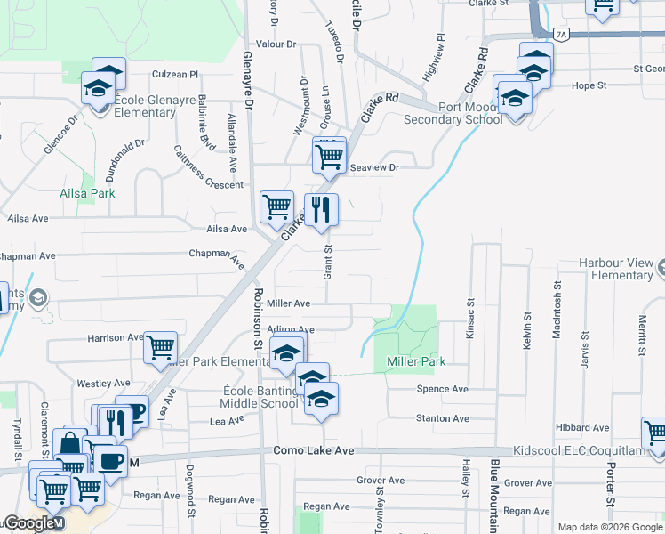 map of restaurants, bars, coffee shops, grocery stores, and more near 921 Grant Street in Coquitlam