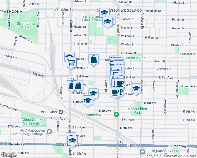 map of restaurants, bars, coffee shops, grocery stores, and more near 1516 East 1st Avenue in Vancouver