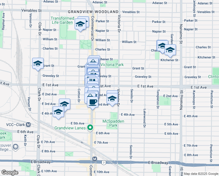 map of restaurants, bars, coffee shops, grocery stores, and more near 1830 East 1st Avenue in Vancouver