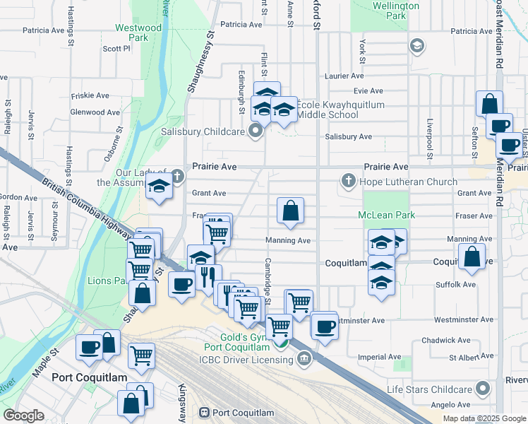 map of restaurants, bars, coffee shops, grocery stores, and more near 2015 Fraser Avenue in Port Coquitlam