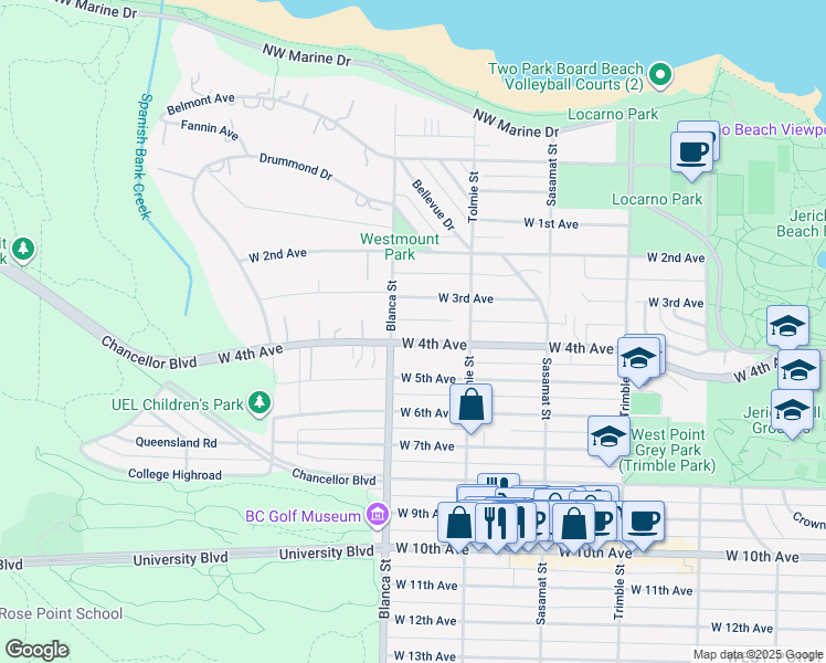 map of restaurants, bars, coffee shops, grocery stores, and more near 4675 West 4th Avenue in Vancouver