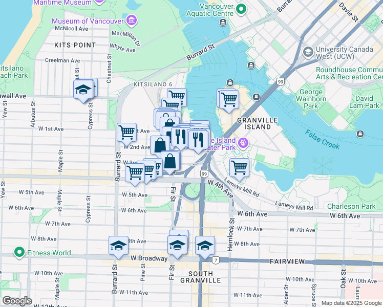 map of restaurants, bars, coffee shops, grocery stores, and more near 1508 West 2nd Avenue in Vancouver