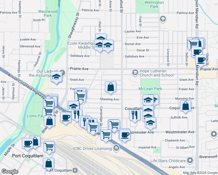 map of restaurants, bars, coffee shops, grocery stores, and more near 1963 Fraser Avenue in Port Coquitlam