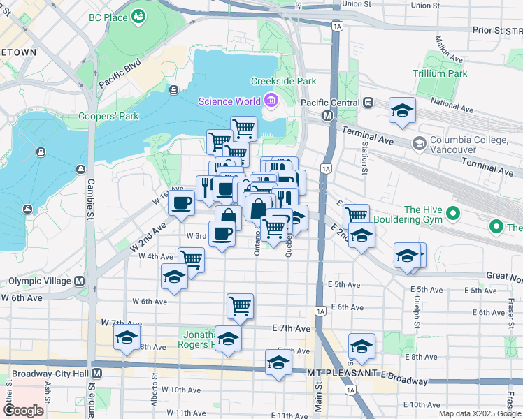 map of restaurants, bars, coffee shops, grocery stores, and more near 34 West 2nd Avenue in Vancouver