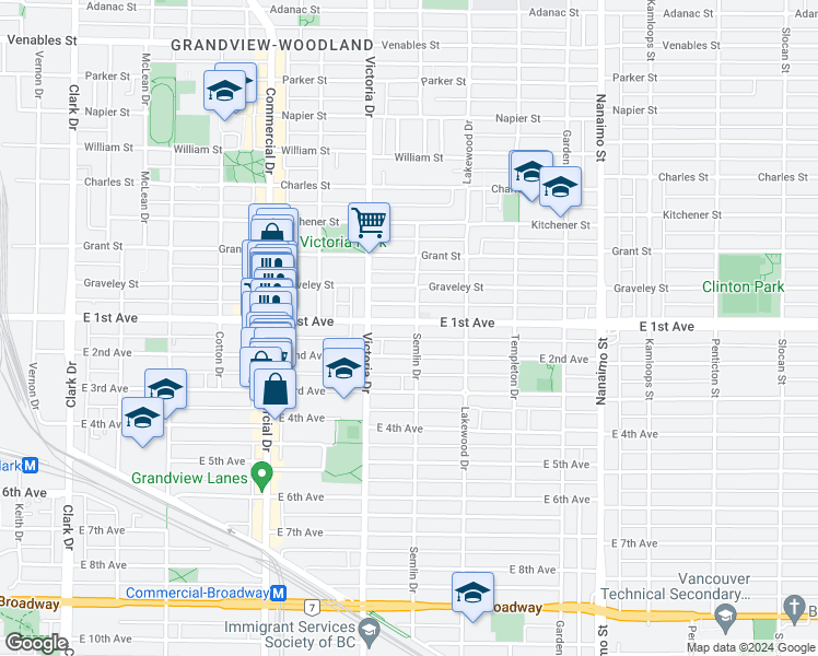 map of restaurants, bars, coffee shops, grocery stores, and more near 1701 Semlin Drive in Vancouver