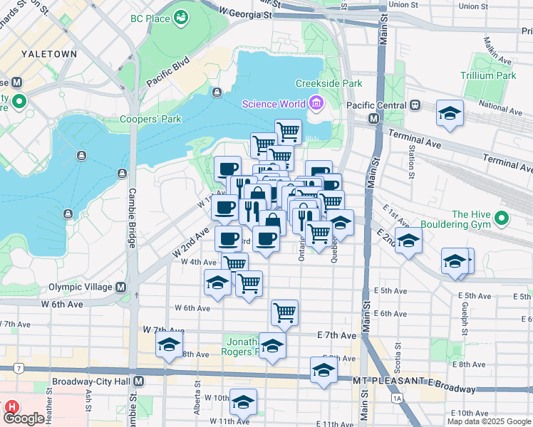 map of restaurants, bars, coffee shops, grocery stores, and more near 105 West 2nd Avenue in Vancouver