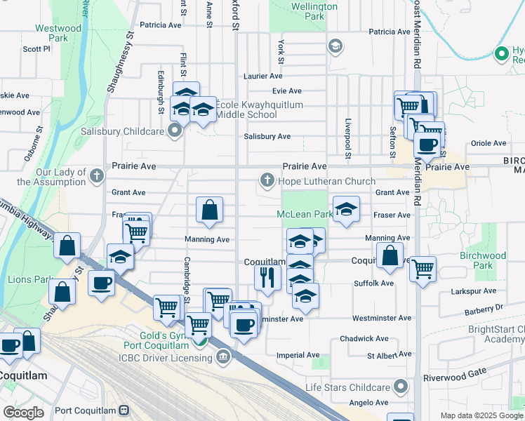 map of restaurants, bars, coffee shops, grocery stores, and more near 1845 Fraser Avenue in Port Coquitlam