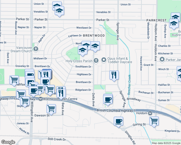 map of restaurants, bars, coffee shops, grocery stores, and more near 4871 Highlawn Drive in Burnaby