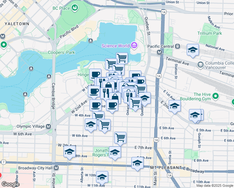 map of restaurants, bars, coffee shops, grocery stores, and more near 89 West 2nd Avenue in Vancouver