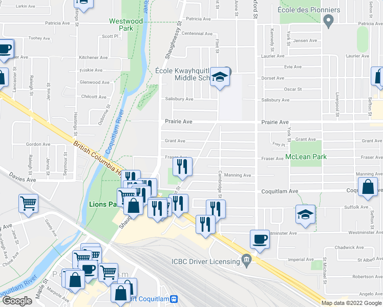 map of restaurants, bars, coffee shops, grocery stores, and more near 2141 Fraser Avenue in Port Coquitlam