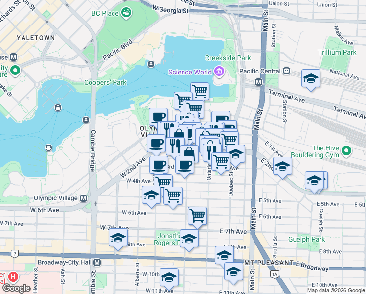map of restaurants, bars, coffee shops, grocery stores, and more near 1783 Manitoba Street in Vancouver