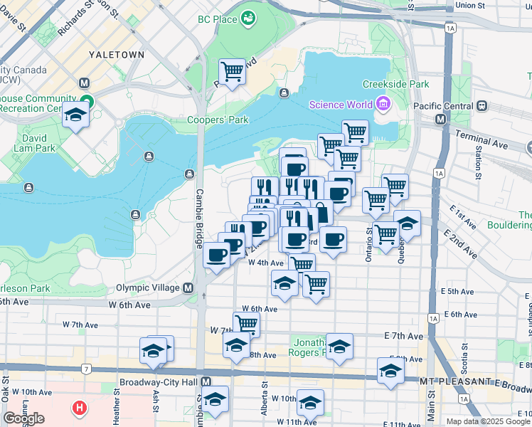 map of restaurants, bars, coffee shops, grocery stores, and more near 1715 Cook Street in Vancouver