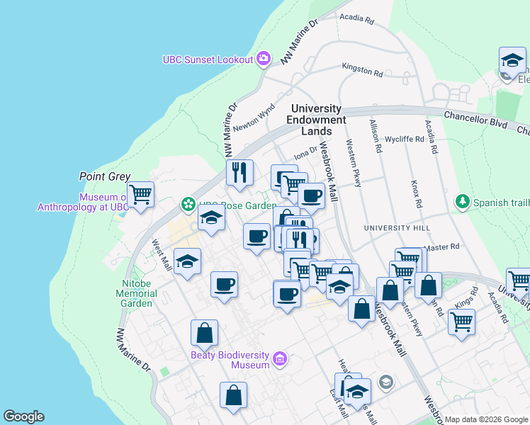 map of restaurants, bars, coffee shops, grocery stores, and more near 6088 Walter Gage Road in Vancouver