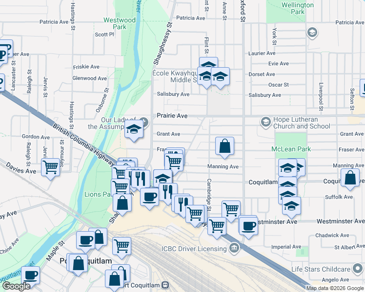 map of restaurants, bars, coffee shops, grocery stores, and more near 2141 Fraser Avenue in Port Coquitlam