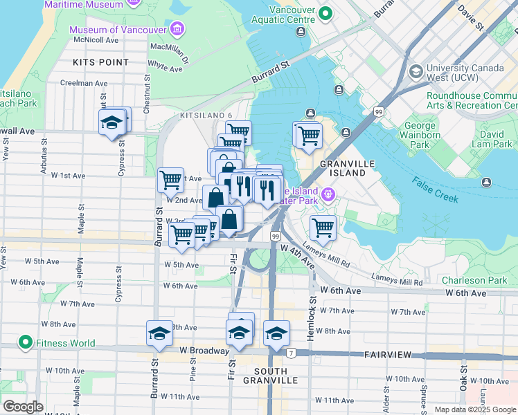 map of restaurants, bars, coffee shops, grocery stores, and more near in Vancouver
