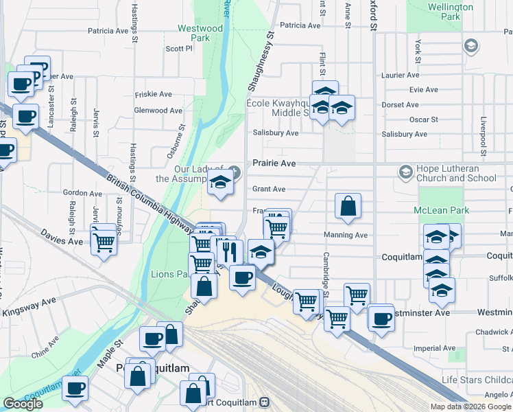 map of restaurants, bars, coffee shops, grocery stores, and more near 3082 Shaughnessy Street in Port Coquitlam