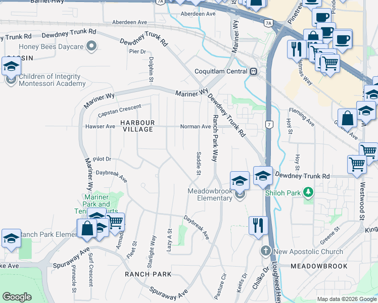map of restaurants, bars, coffee shops, grocery stores, and more near 999 Ogden Street in Coquitlam