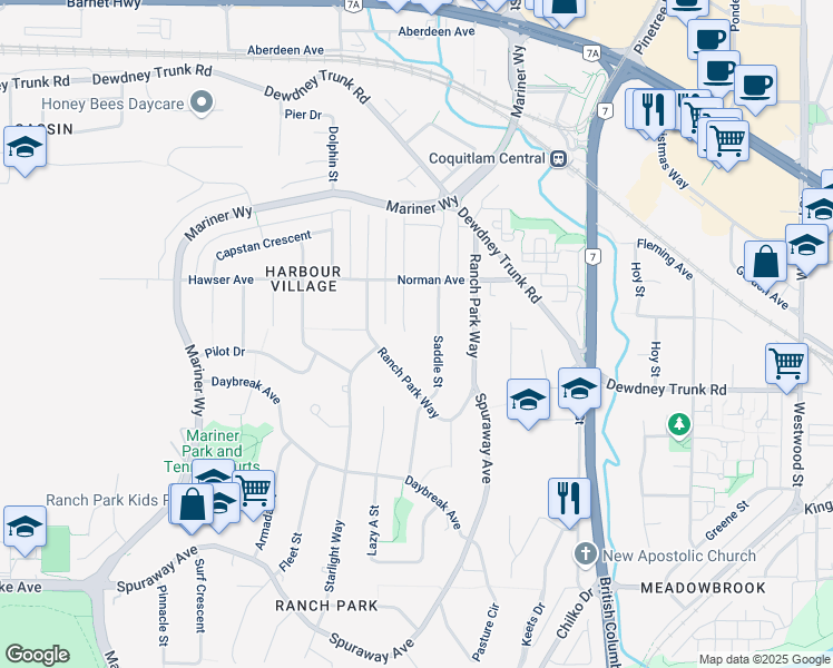 map of restaurants, bars, coffee shops, grocery stores, and more near 999 Ogden Street in Coquitlam