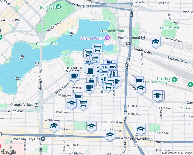 map of restaurants, bars, coffee shops, grocery stores, and more near 63 West 2nd Avenue in Vancouver
