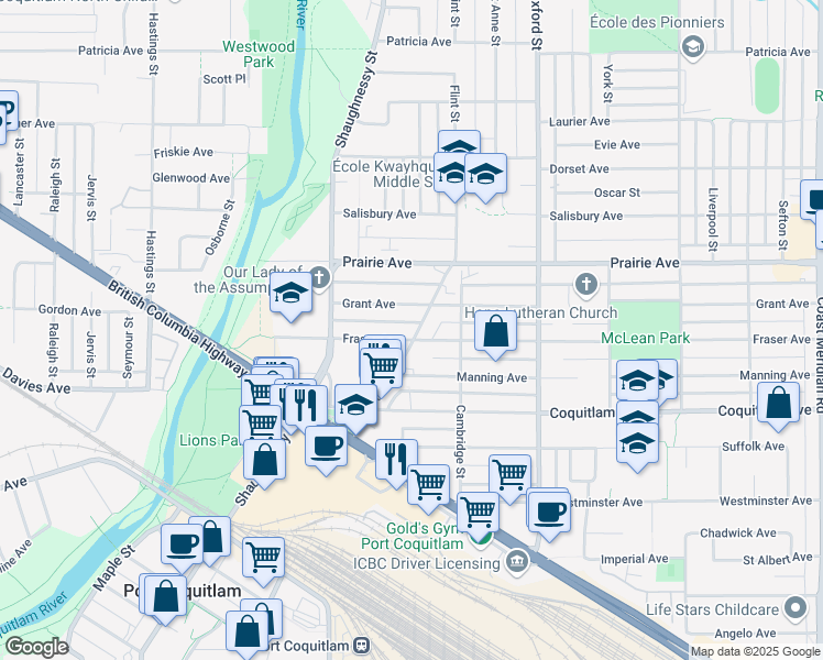 map of restaurants, bars, coffee shops, grocery stores, and more near 2131 Fraser Avenue in Port Coquitlam