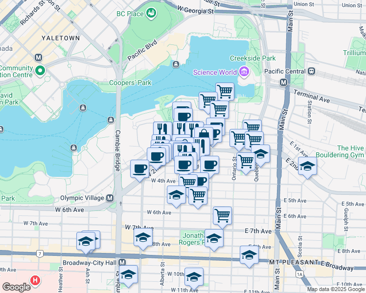 map of restaurants, bars, coffee shops, grocery stores, and more near 195 West 2nd Avenue in Vancouver