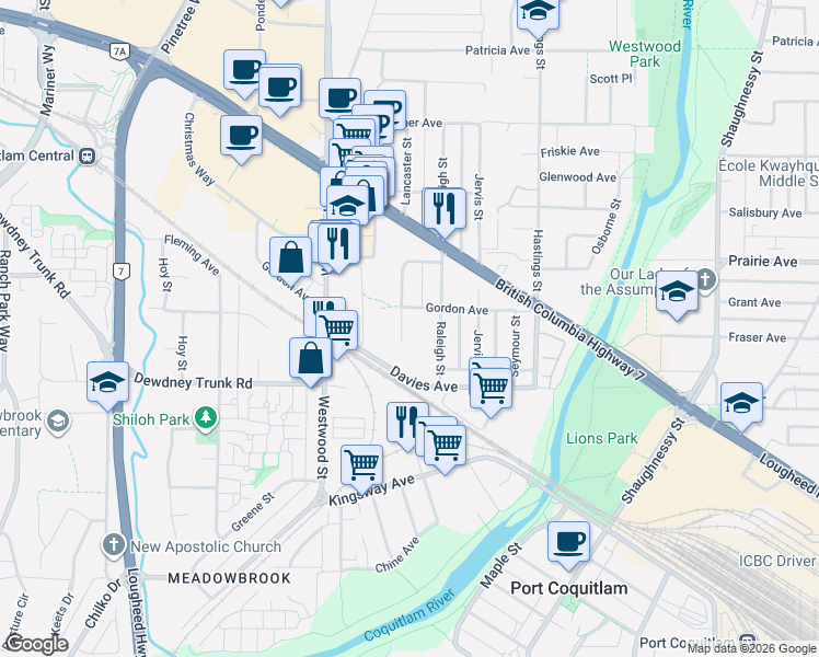 map of restaurants, bars, coffee shops, grocery stores, and more near 3152 Lancaster Place in Port Coquitlam