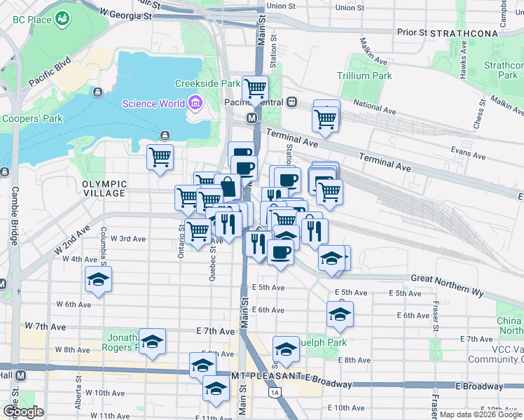 map of restaurants, bars, coffee shops, grocery stores, and more near 236 East 1st Avenue in Vancouver
