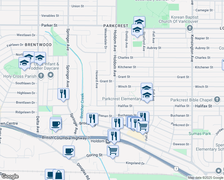 map of restaurants, bars, coffee shops, grocery stores, and more near 1615 Holdom Avenue in Burnaby