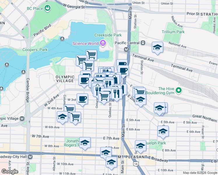 map of restaurants, bars, coffee shops, grocery stores, and more near 1775 Quebec Street in Vancouver