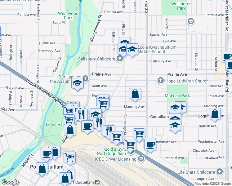 map of restaurants, bars, coffee shops, grocery stores, and more near 3088 Flint Street in Port Coquitlam
