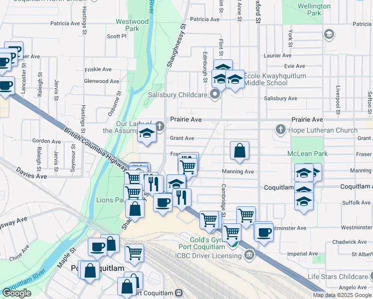 map of restaurants, bars, coffee shops, grocery stores, and more near 2156 Fraser Avenue in Port Coquitlam